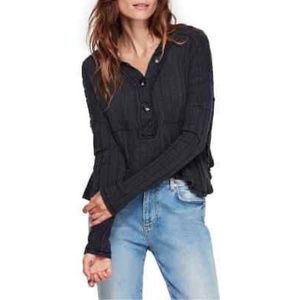 FP WTF In the Mix Charcoal Henley Comfy Cozy Ribbed Long Sleeve Boxy VSCO Shirt